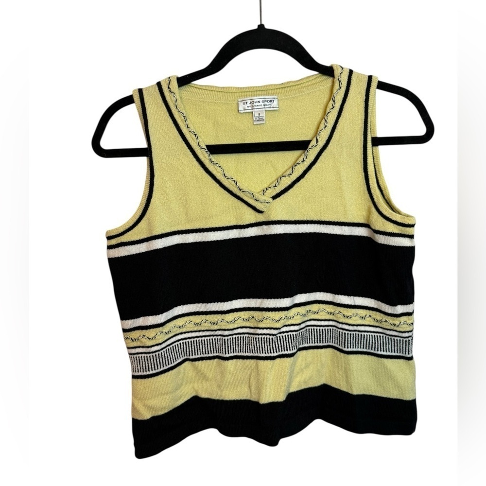 St. John Vintage Butter Yellow Colorblock Wool Santana Knit Sleeveless Top